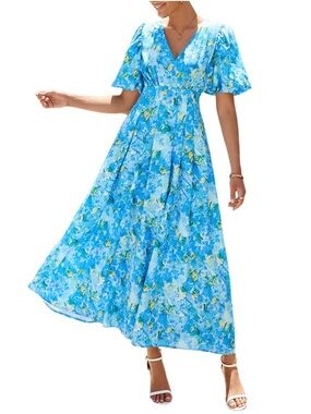 MAXIGERUI Blue Floral V Neck Maxi Dress XL